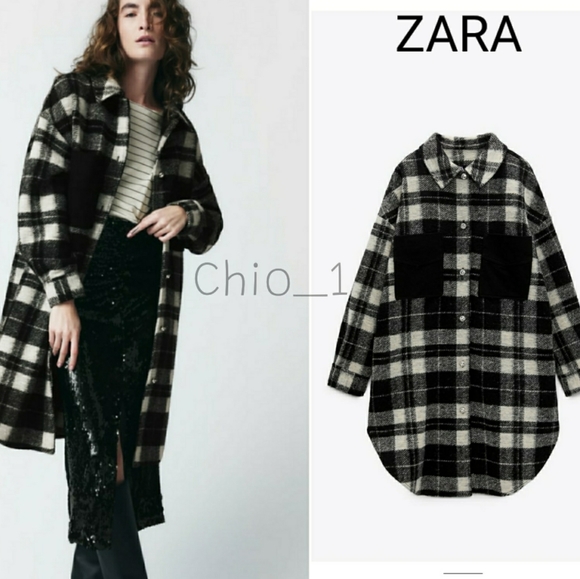 ZARA COMBINATION LONG PLAID OVERSHIRT Jacket coat bloggers favorite